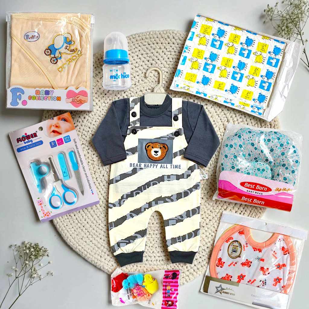 Newborn Care Set and Essentials with Grey Romper