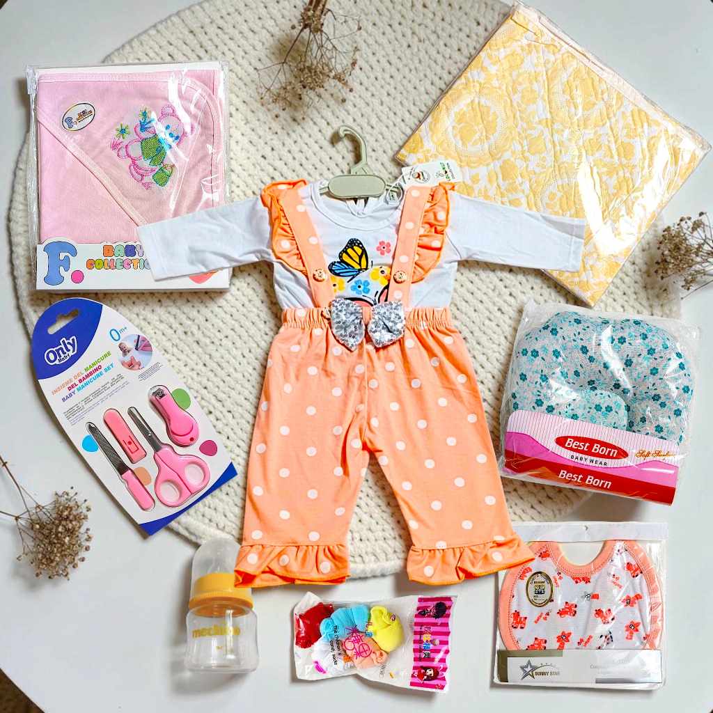 Essentials Set For Newborn baby Girl and Peach Romper